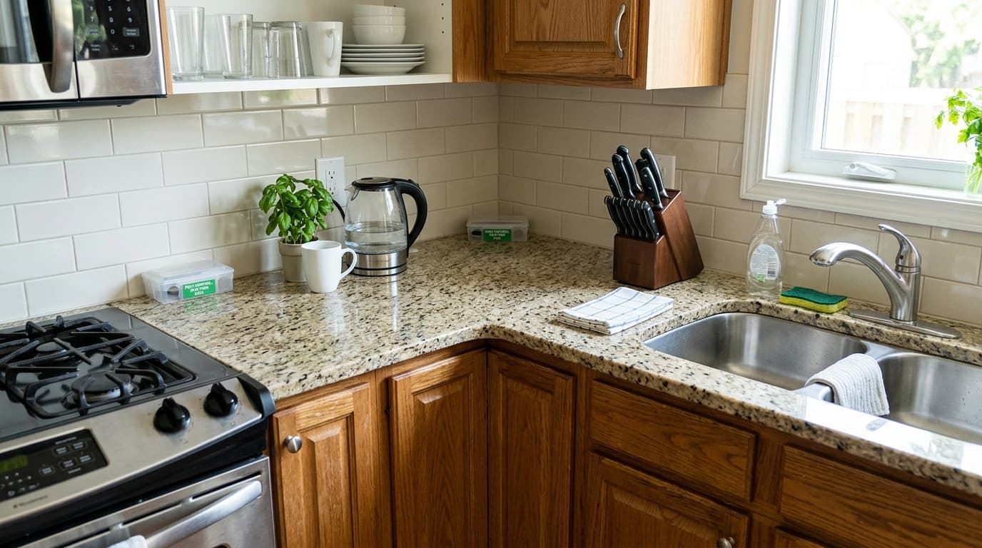 Professional pest control technician spraying safe chemicals in a modern kitchen